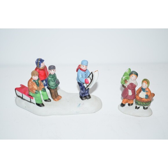Lemax Dickensvale Porcelain Sledding Party Christmas Village Figures Tree - Picture 2 of 9